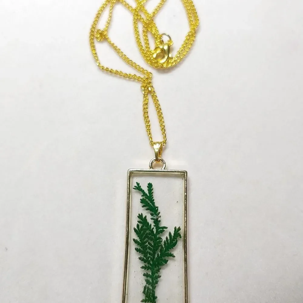 Necklace Gold Tone Rectangle w/ Dried Leaves
